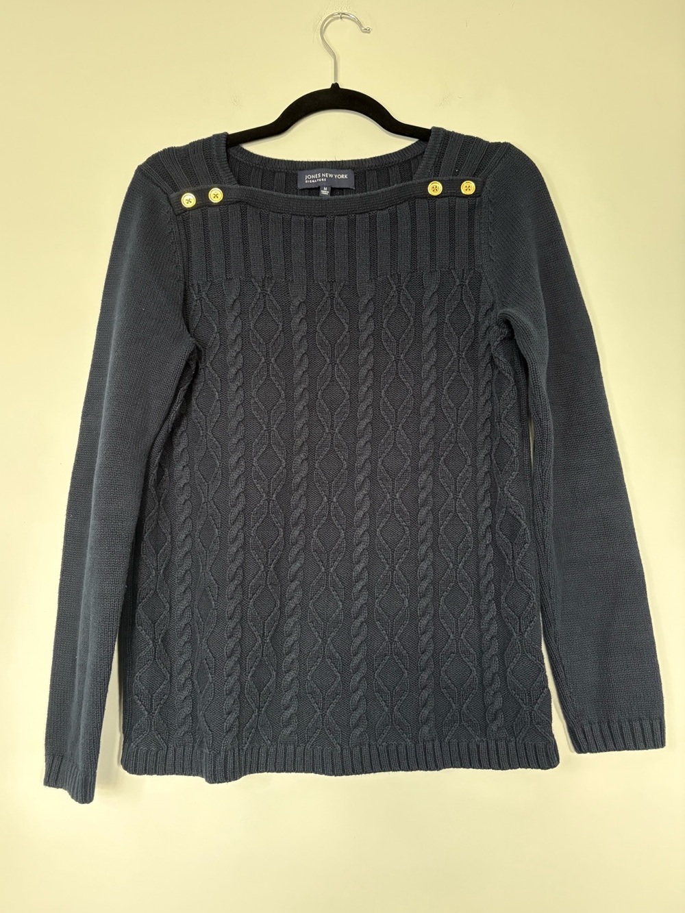 Jones New York Navy Blue Cable Knit Sweater Size M Button Detailing Fall Winter